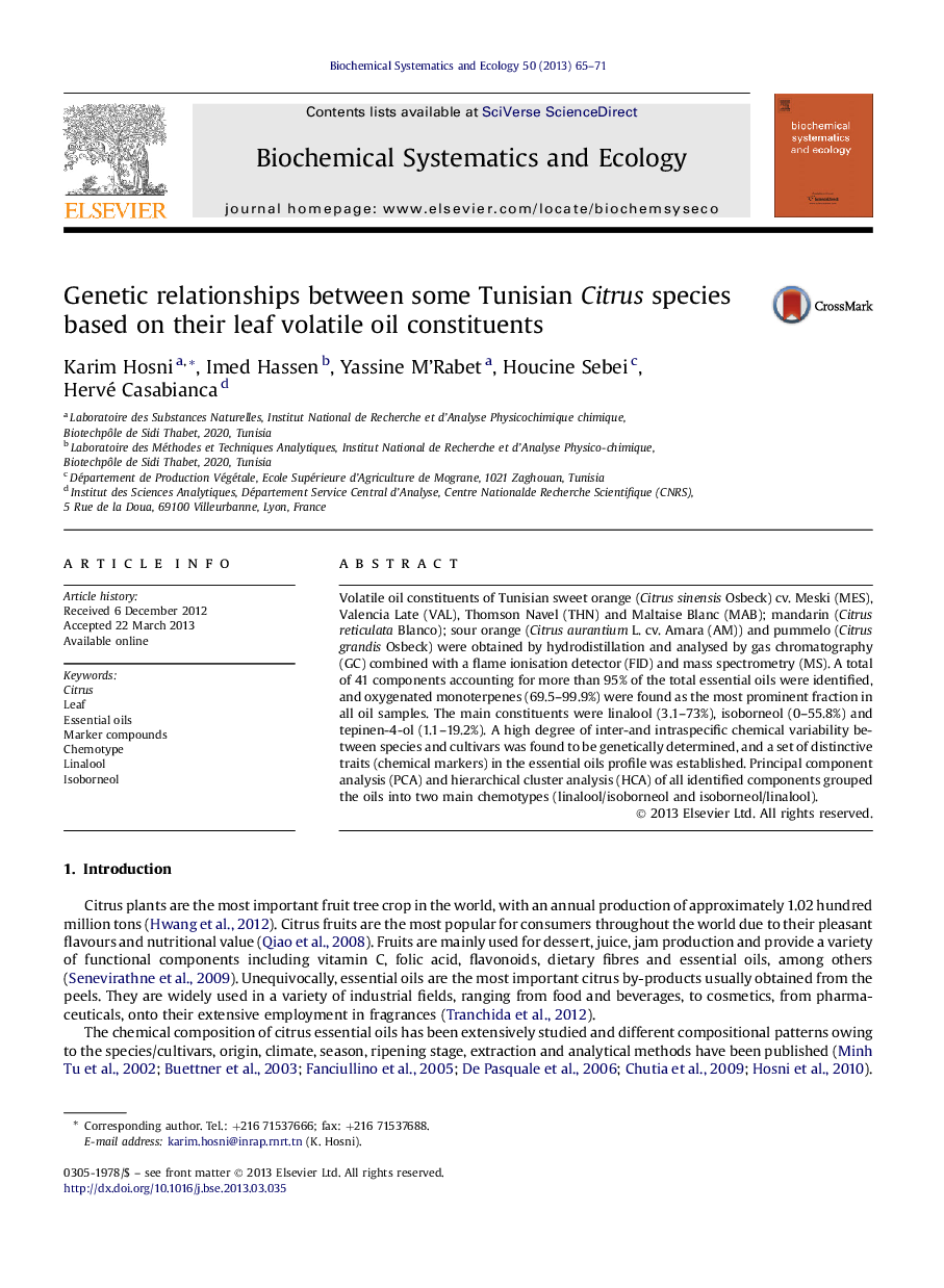 Genetic relationships between some Tunisian Citrus species based on their leaf volatile oil constituents