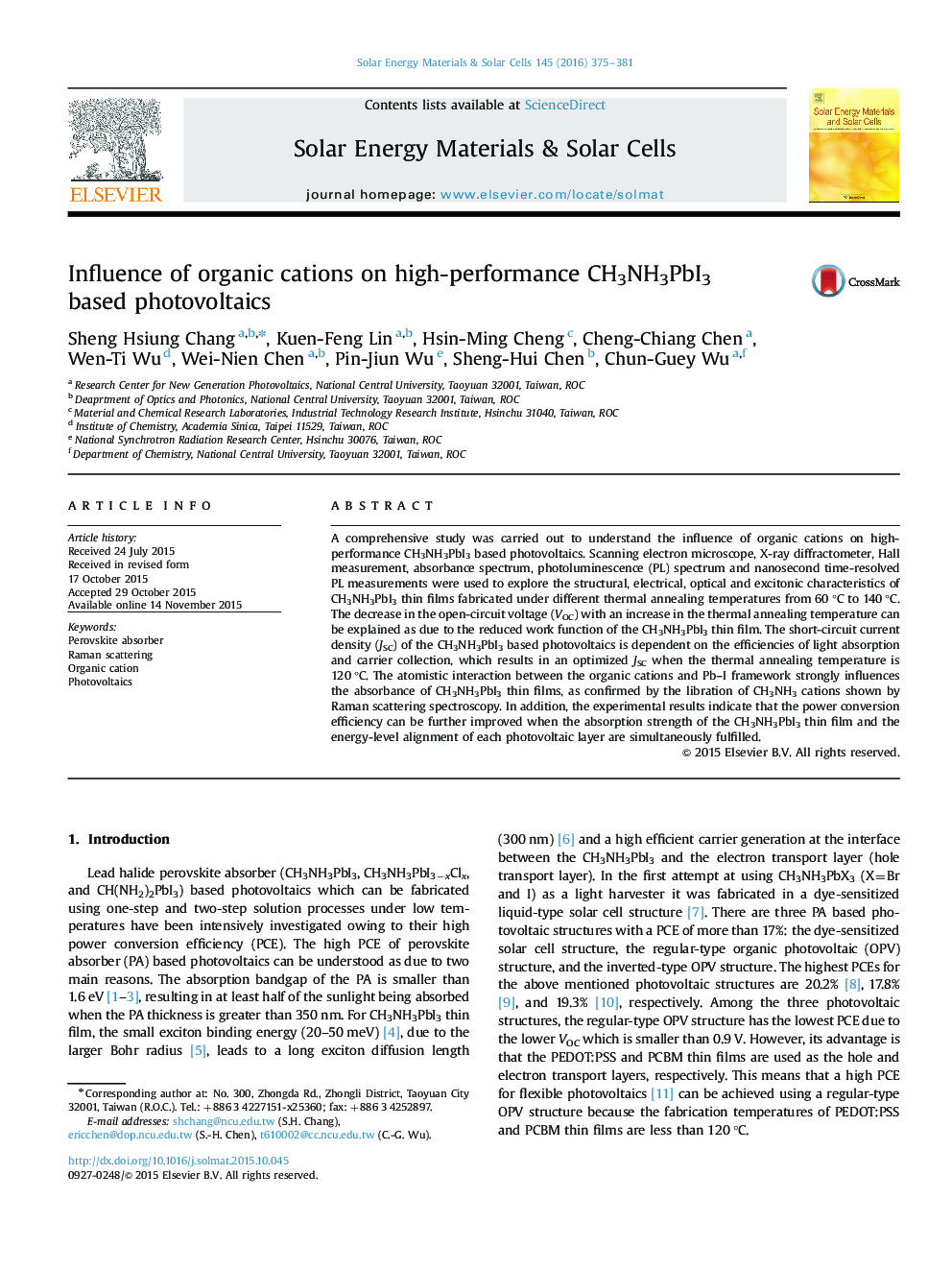 Influence of organic cations on high-performance CH3NH3PbI3 based photovoltaics