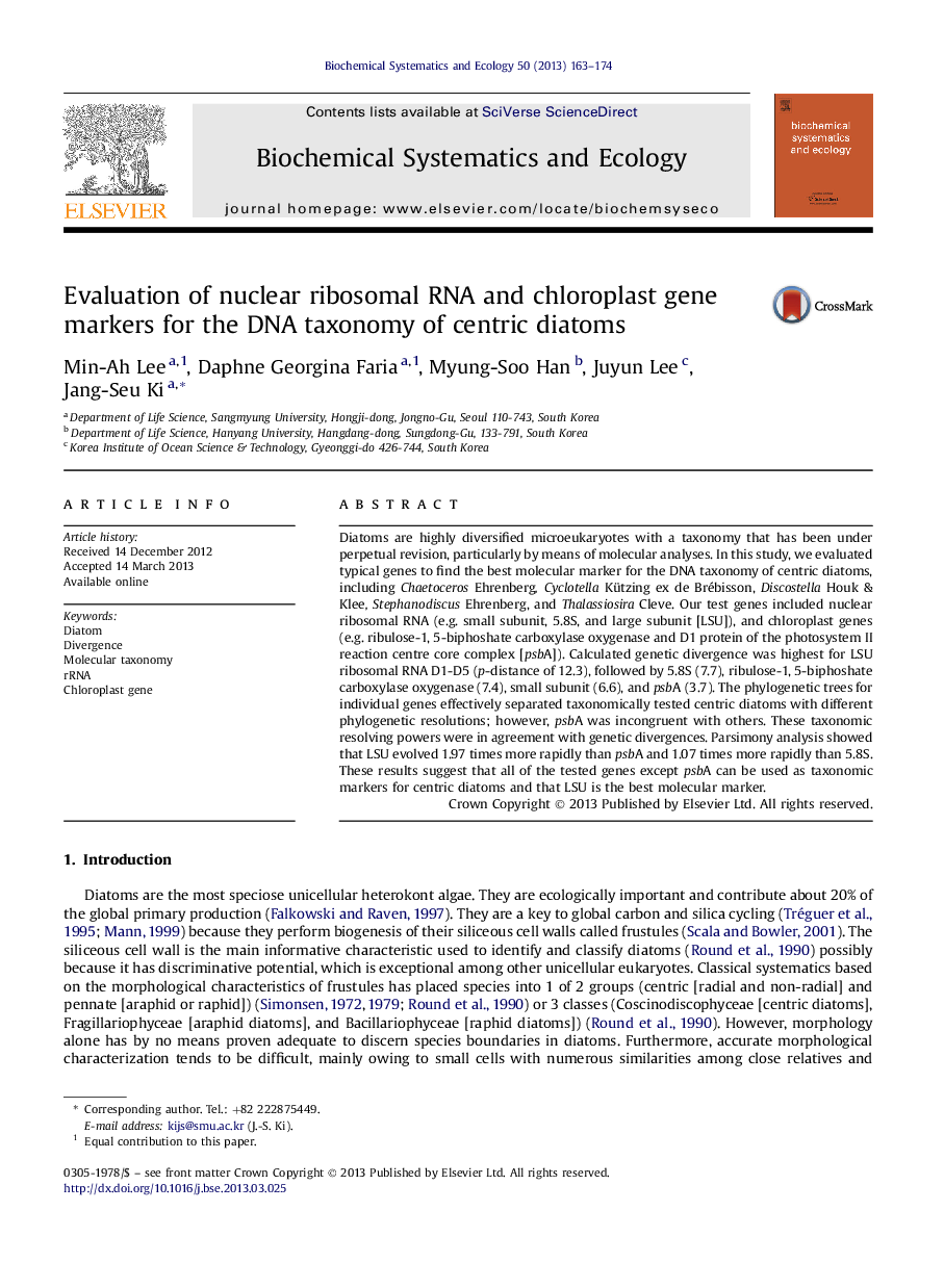 Evaluation of nuclear ribosomal RNA and chloroplast gene markers for the DNA taxonomy of centric diatoms