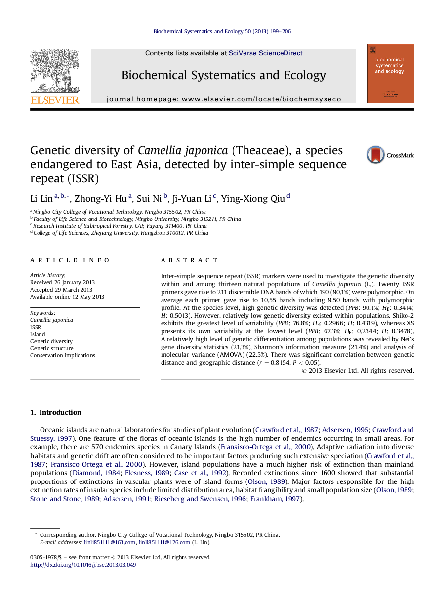 Genetic diversity of Camellia japonica (Theaceae), a species endangered to East Asia, detected by inter-simple sequence repeat (ISSR)