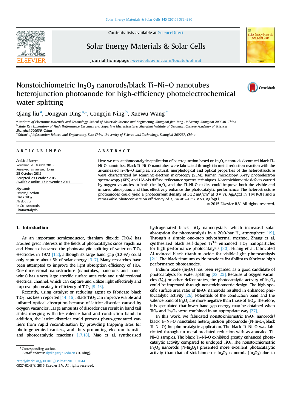 Nonstoichiometric In2O3 nanorods/black Ti–Ni–O nanotubes heterojunction photoanode for high-efficiency photoelectrochemical water splitting