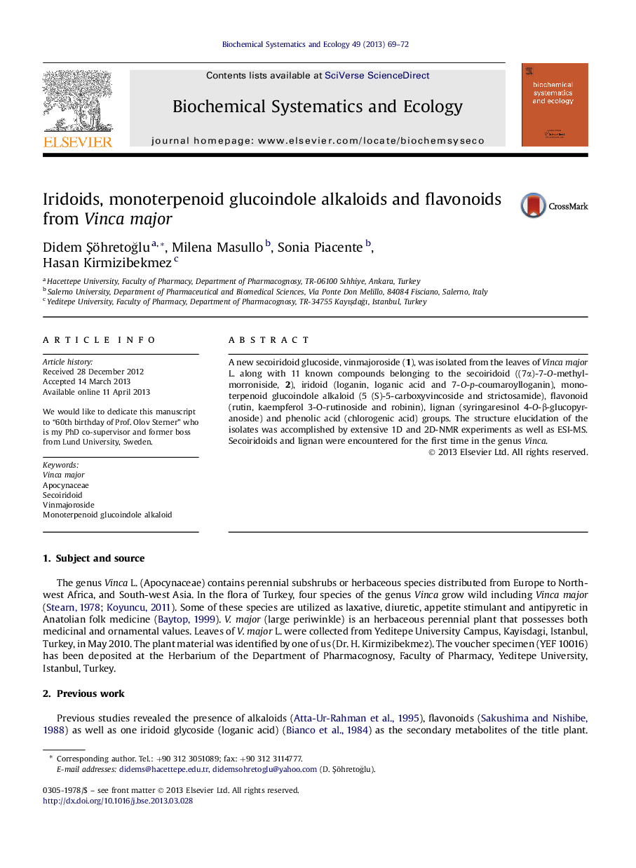 Iridoids, monoterpenoid glucoindole alkaloids and flavonoids from Vinca major