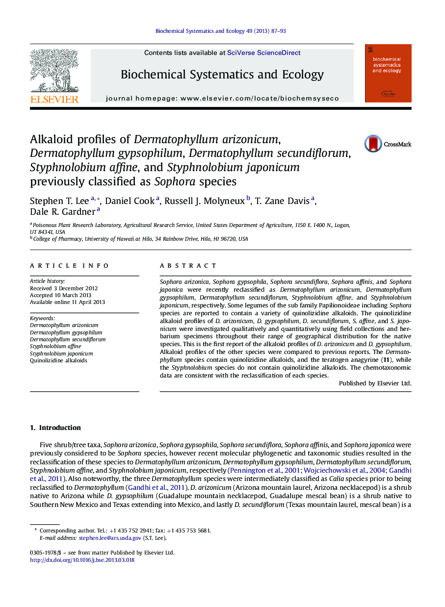 Alkaloid profiles of Dermatophyllum arizonicum, Dermatophyllum gypsophilum, Dermatophyllum secundiflorum, Styphnolobium affine, and Styphnolobium japonicum previously classified as Sophora species