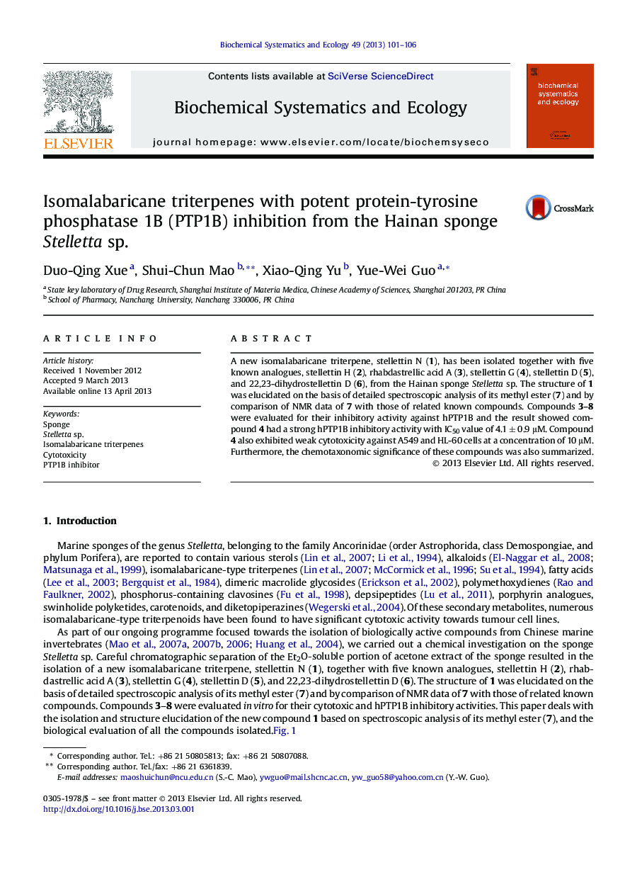 Isomalabaricane triterpenes with potent protein-tyrosine phosphatase 1B (PTP1B) inhibition from the Hainan sponge Stelletta sp.
