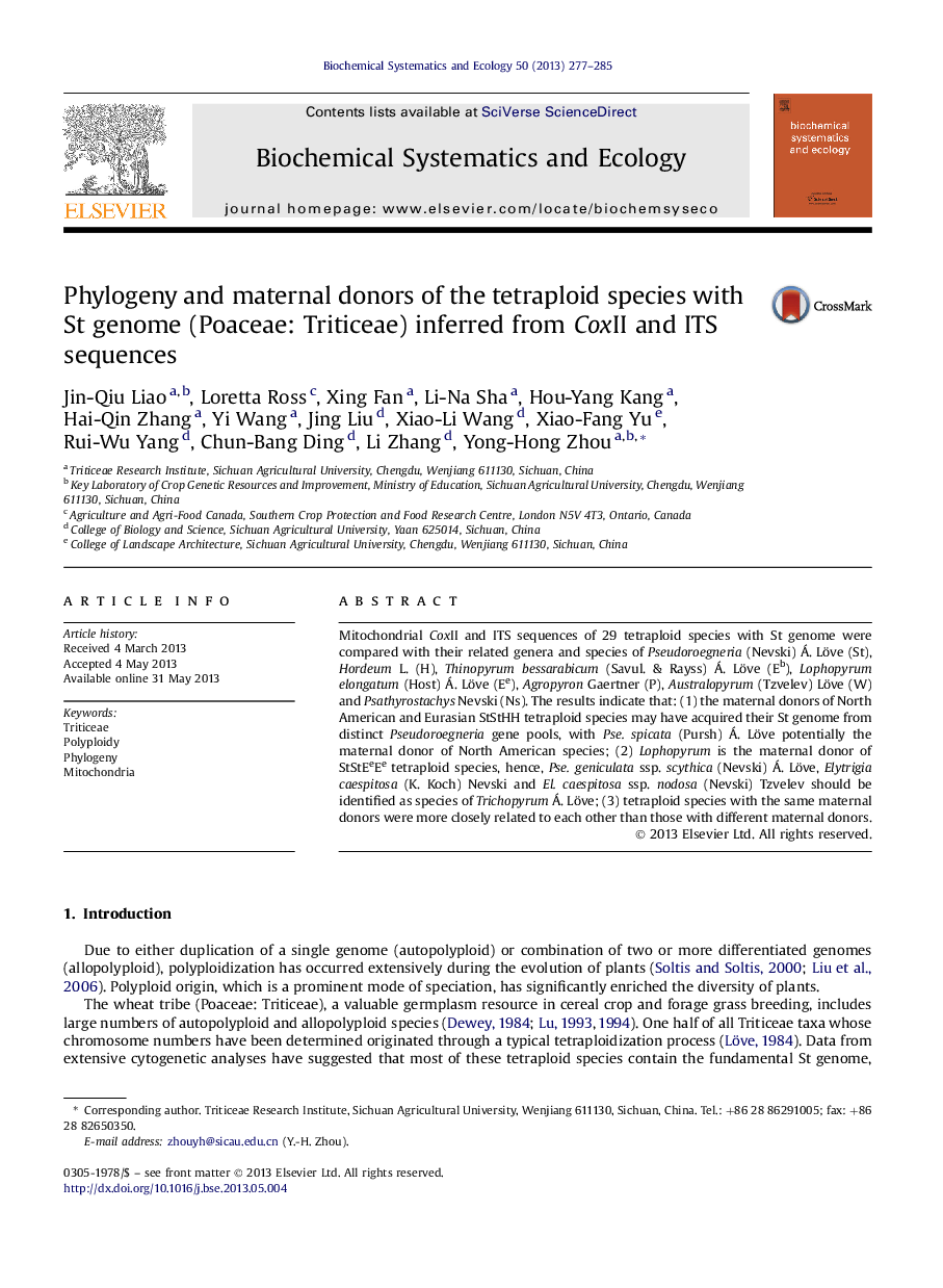 Phylogeny and maternal donors of the tetraploid species with St genome (Poaceae: Triticeae) inferred from CoxII and ITS sequences