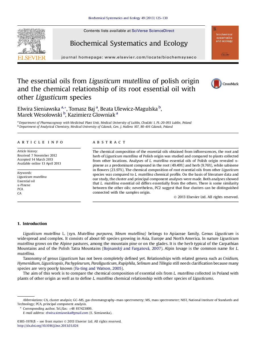 The essential oils from Ligusticum mutellina of polish origin and the chemical relationship of its root essential oil with other Ligusticum species