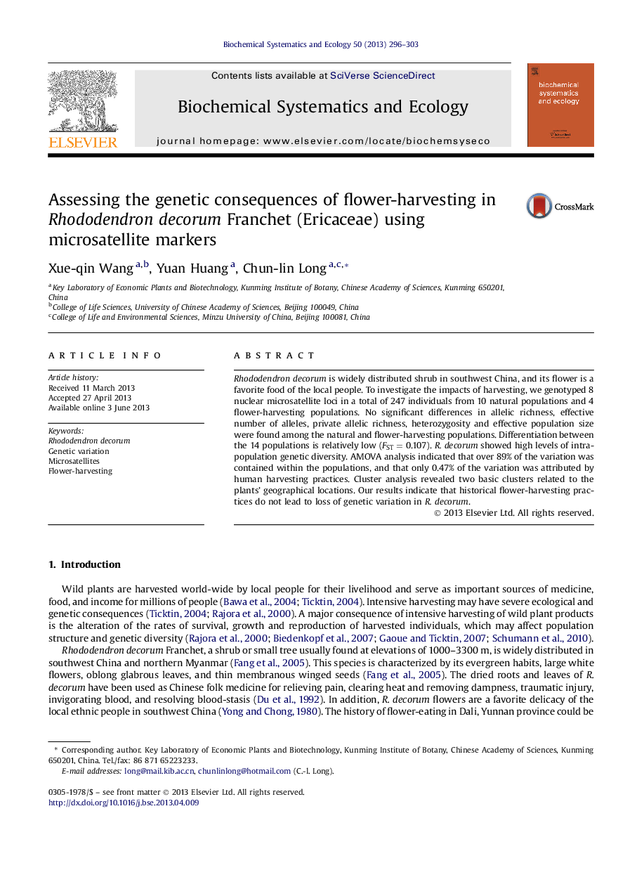 Assessing the genetic consequences of flower-harvesting in Rhododendron decorum Franchet (Ericaceae) using microsatellite markers