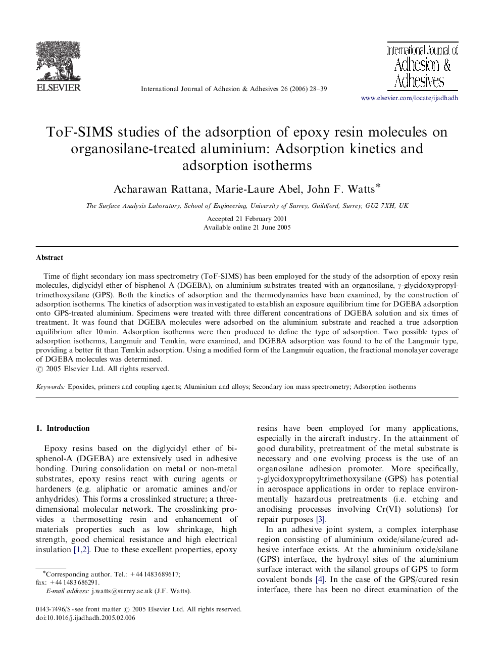 ToF-SIMS studies of the adsorption of epoxy resin molecules on organosilane-treated aluminium: Adsorption kinetics and adsorption isotherms