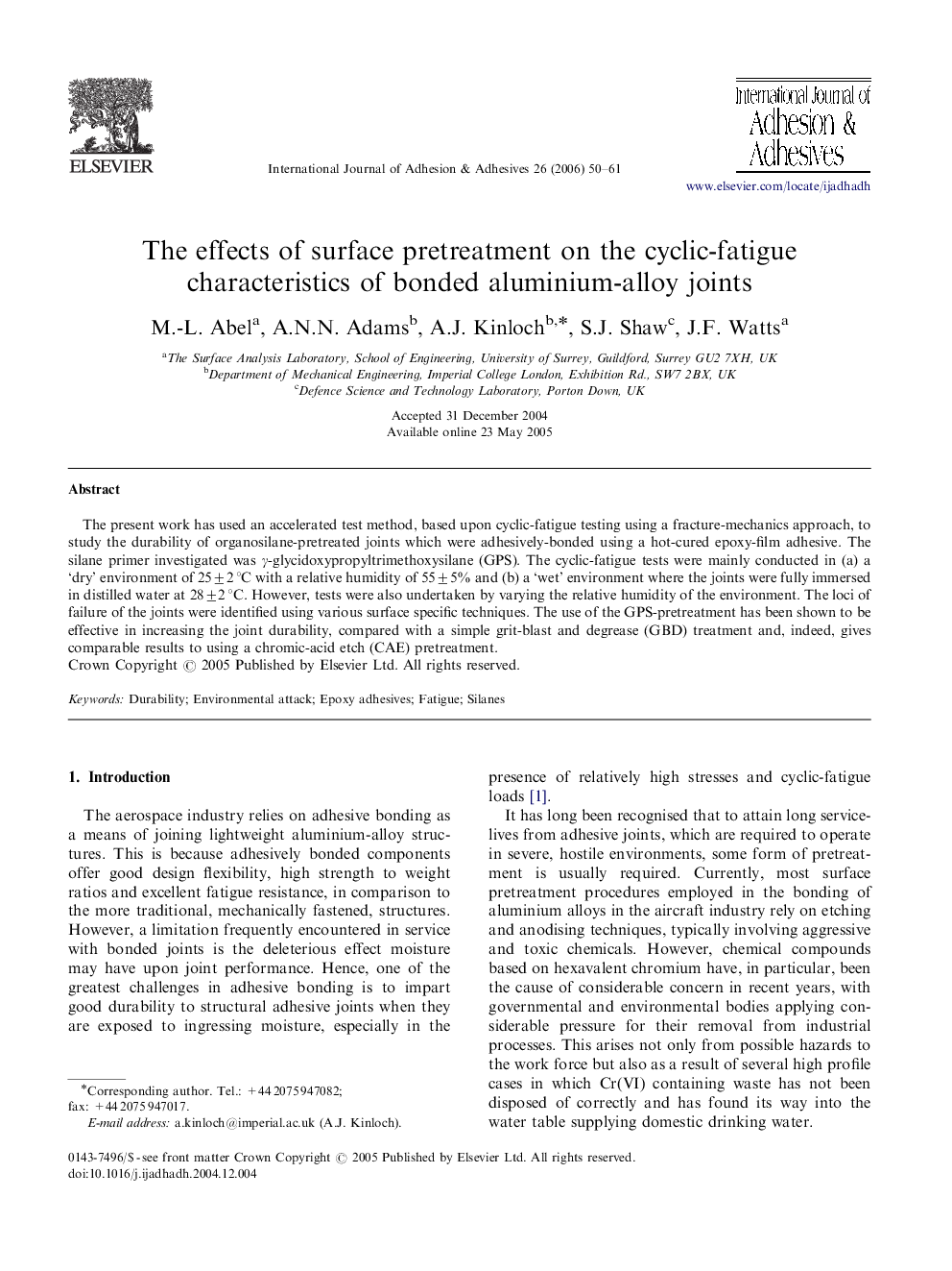 The effects of surface pretreatment on the cyclic-fatigue characteristics of bonded aluminium-alloy joints