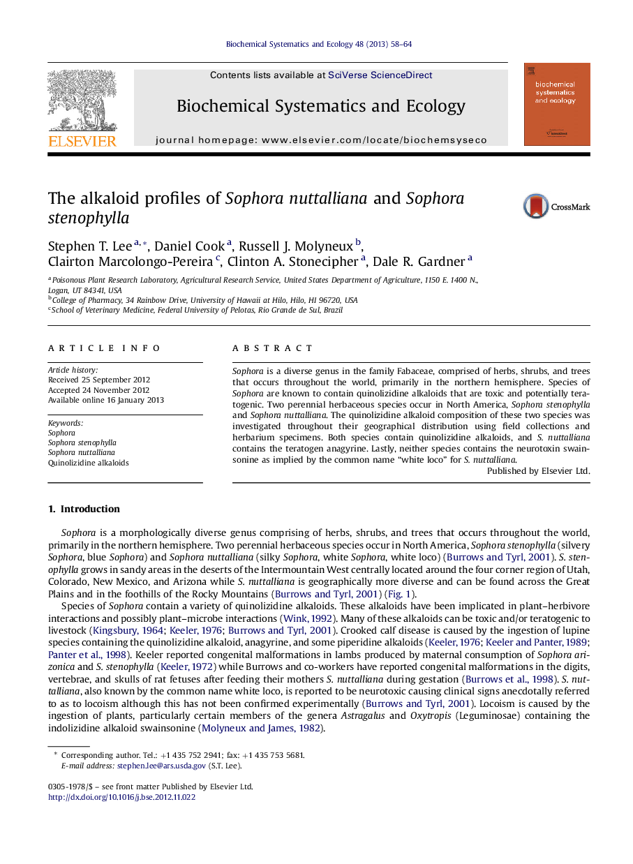 The alkaloid profiles of Sophora nuttalliana and Sophora stenophylla