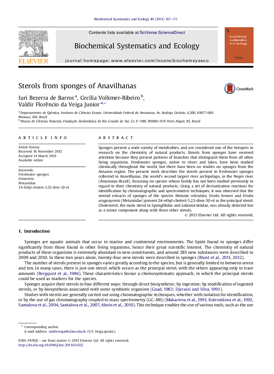 Sterols from sponges of Anavilhanas