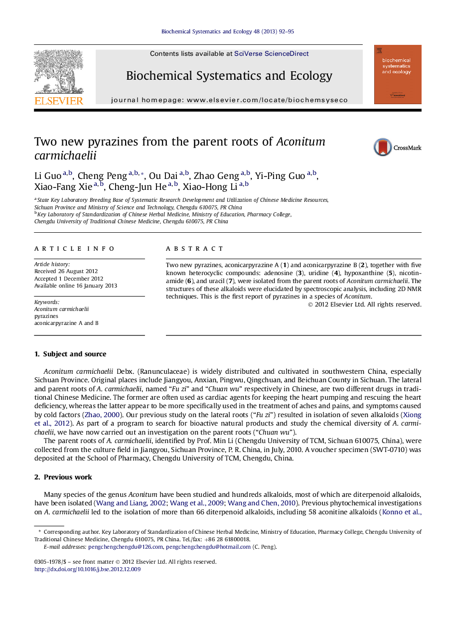 Two new pyrazines from the parent roots of Aconitum carmichaelii