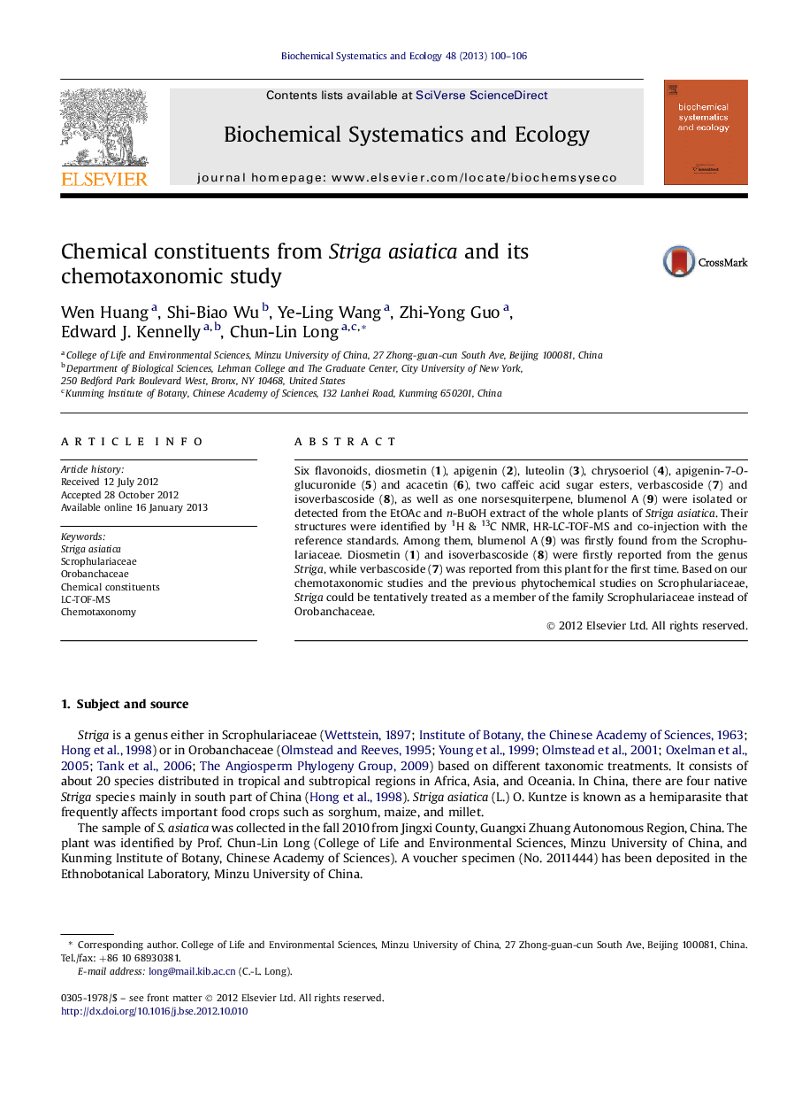 Chemical constituents from Striga asiatica and its chemotaxonomic study