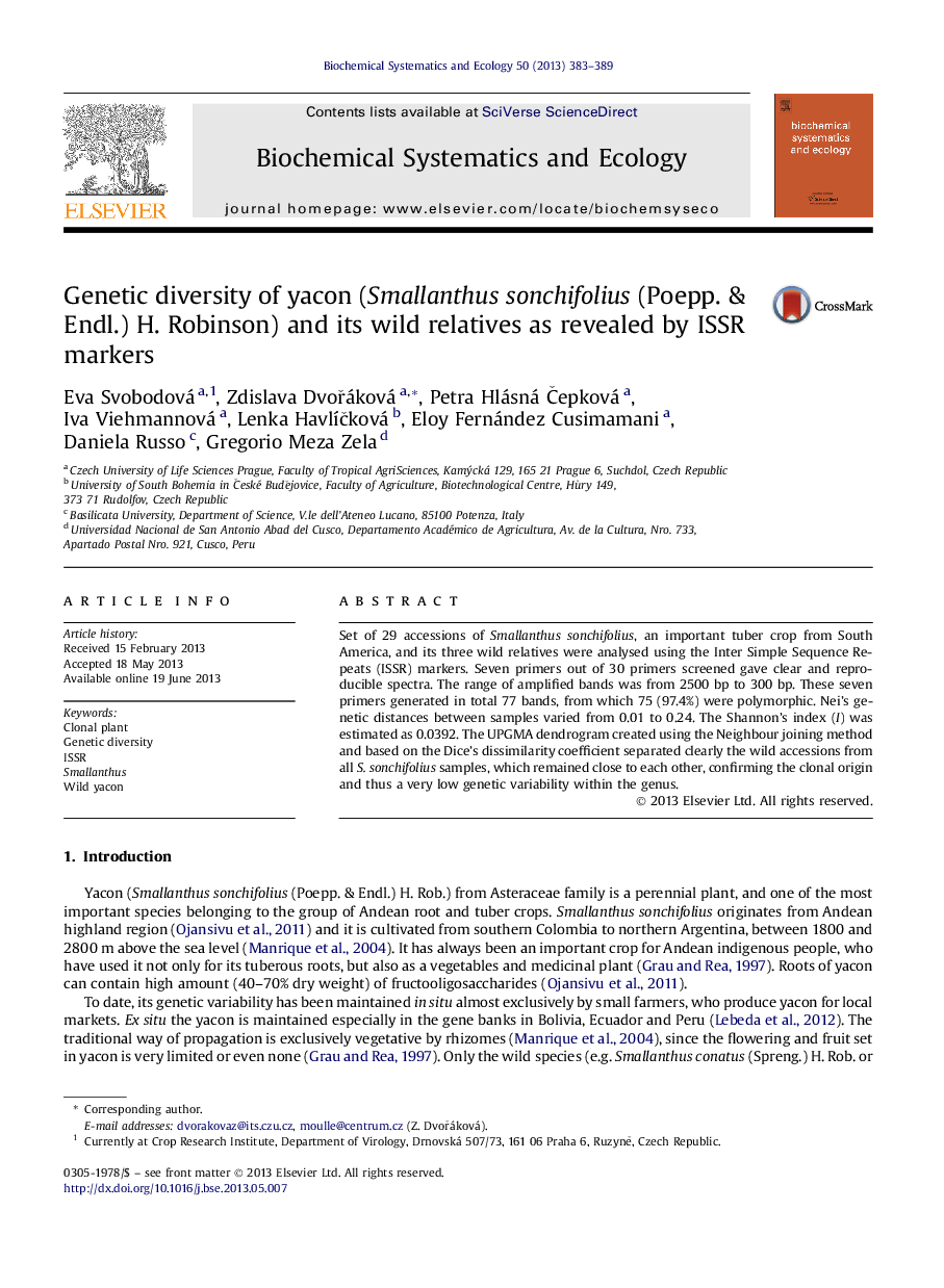 Genetic diversity of yacon (Smallanthus sonchifolius (Poepp. & Endl.) H. Robinson) and its wild relatives as revealed by ISSR markers