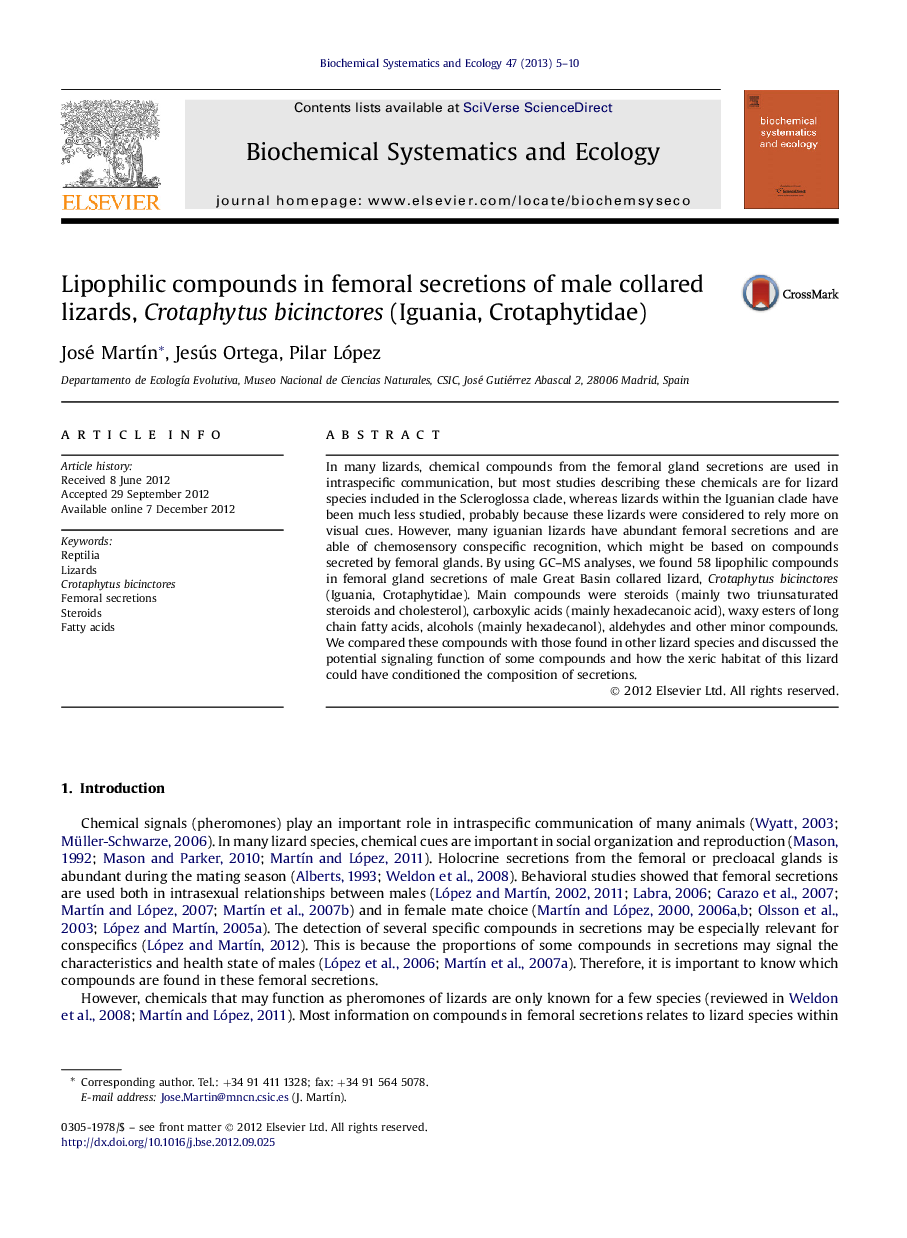 Lipophilic compounds in femoral secretions of male collared lizards, Crotaphytus bicinctores (Iguania, Crotaphytidae)