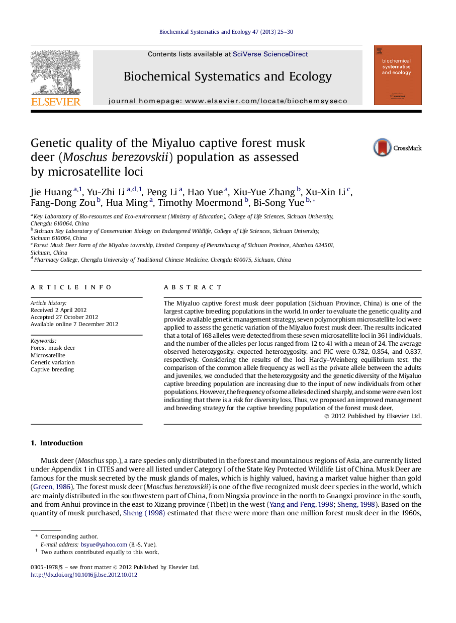 Genetic quality of the Miyaluo captive forest musk deer (Moschus berezovskii) population as assessed by microsatellite loci