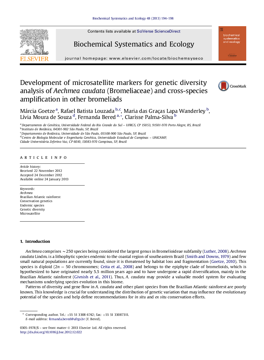 Development of microsatellite markers for genetic diversity analysis of Aechmea caudata (Bromeliaceae) and cross-species amplification in other bromeliads