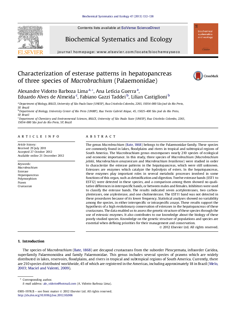 Characterization of esterase patterns in hepatopancreas of three species of Macrobrachium (Palaemonidae)