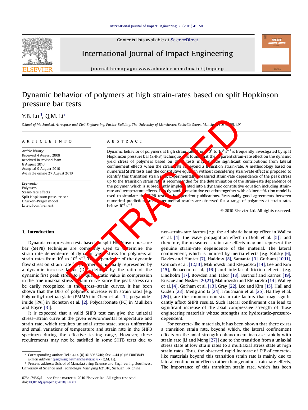 RETRACTED: Dynamic behavior of polymers at high strain-rates based on split Hopkinson pressure bar tests
