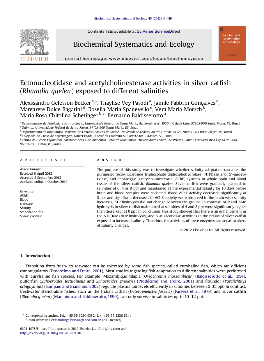 Ectonucleotidase and acetylcholinesterase activities in silver catfish (Rhamdia quelen) exposed to different salinities