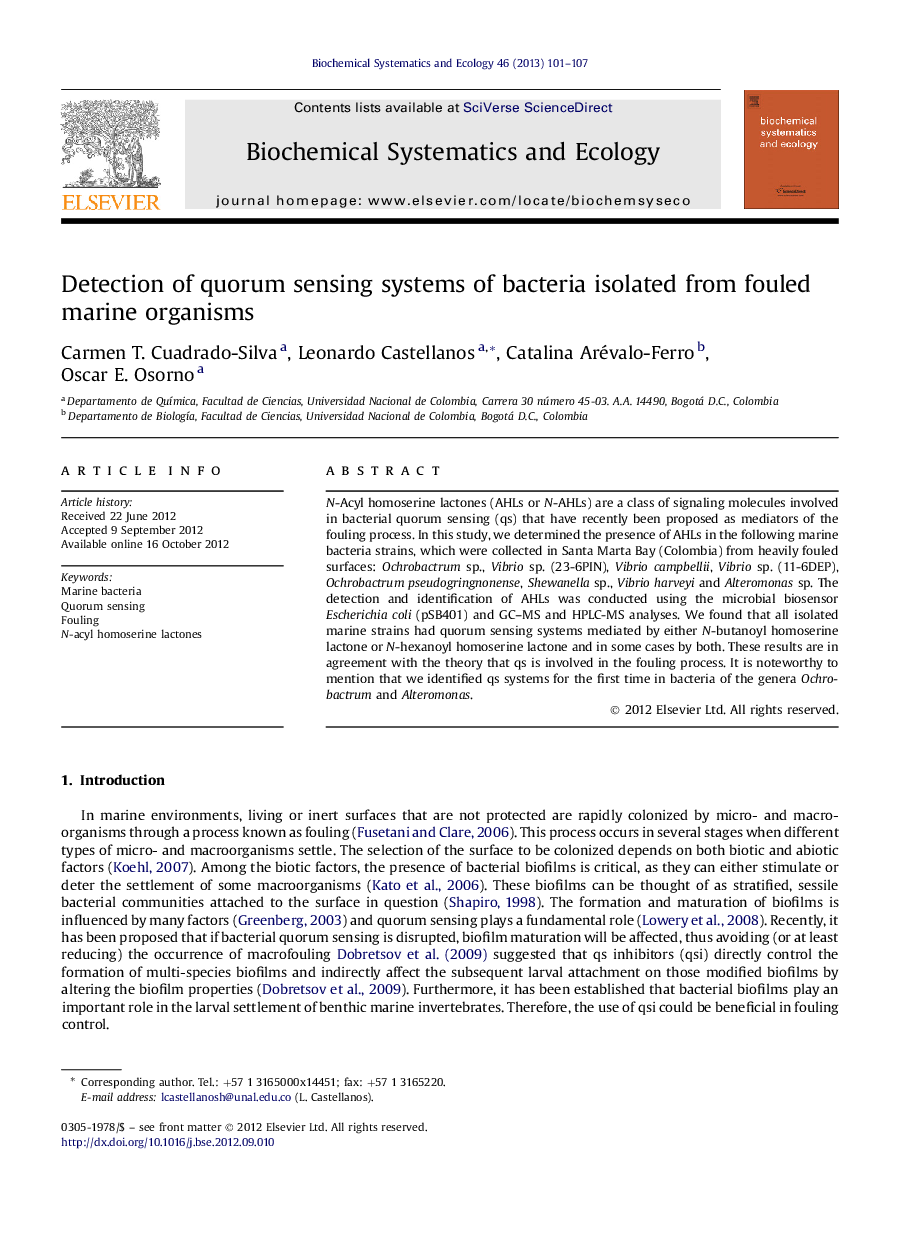 Detection of quorum sensing systems of bacteria isolated from fouled marine organisms