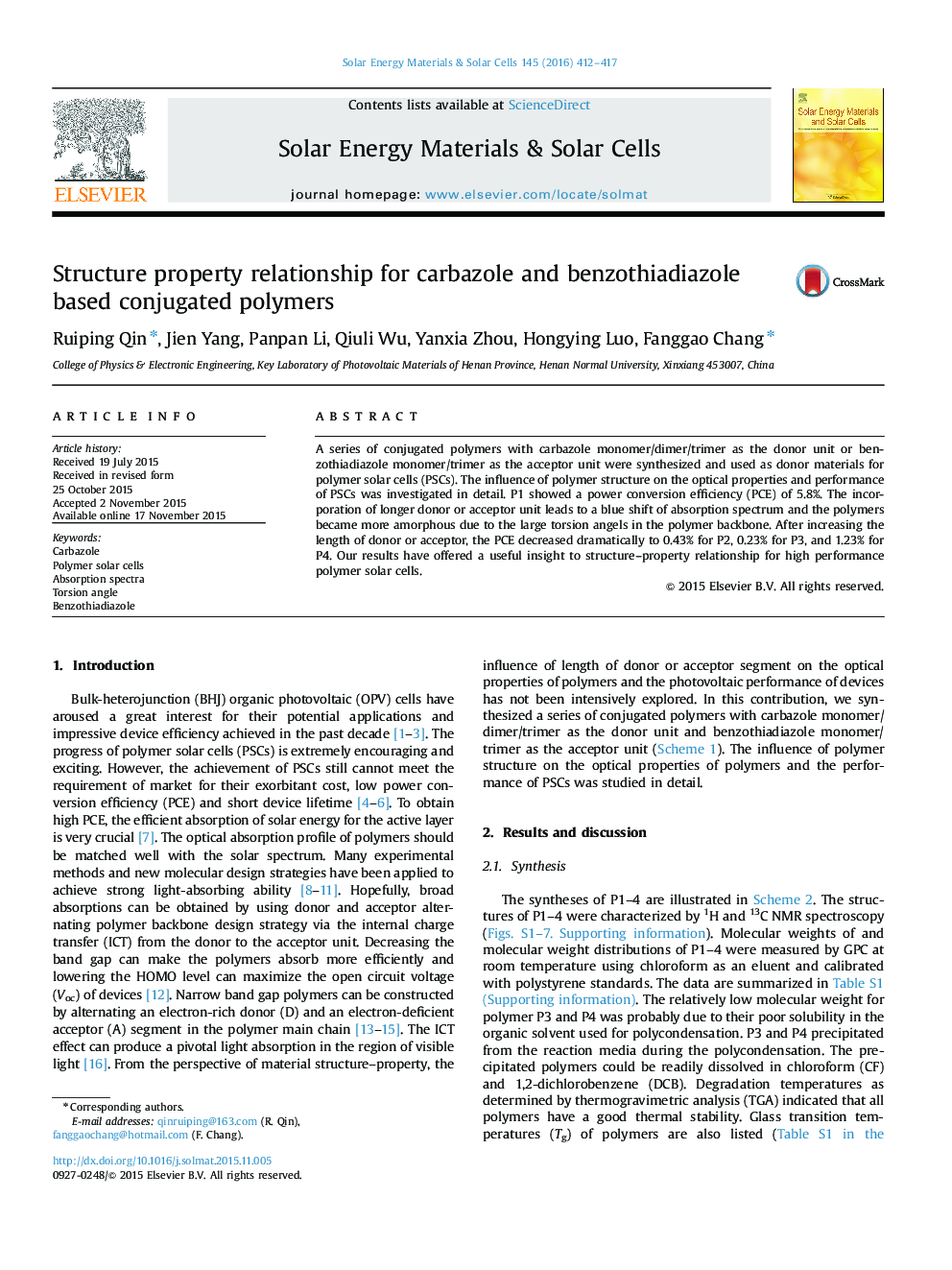 Structure property relationship for carbazole and benzothiadiazole based conjugated polymers