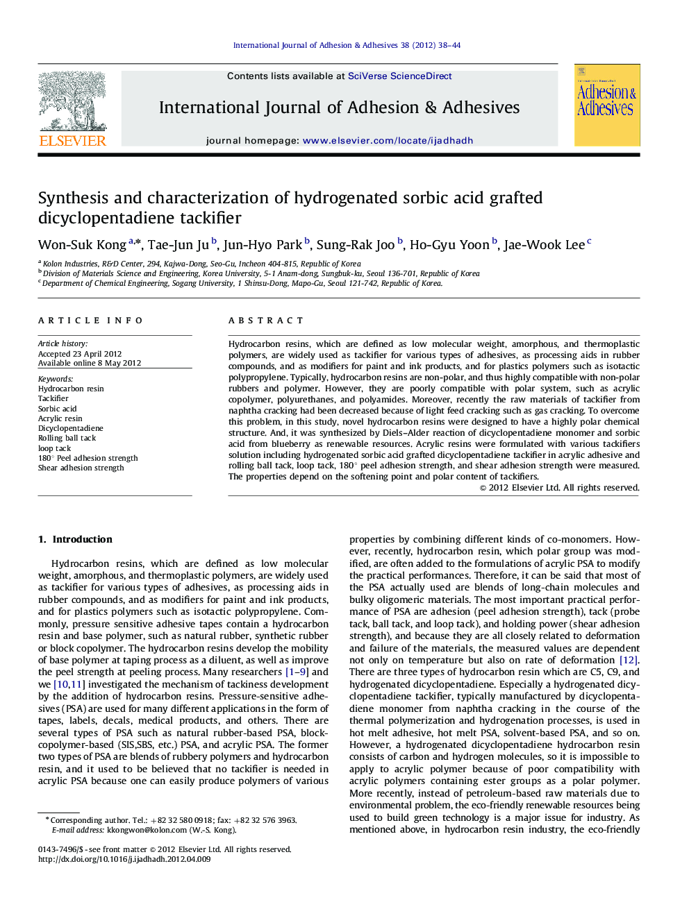 Synthesis and characterization of hydrogenated sorbic acid grafted dicyclopentadiene tackifier