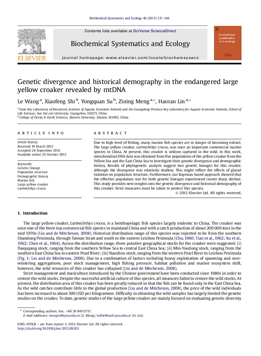 Genetic divergence and historical demography in the endangered large yellow croaker revealed by mtDNA