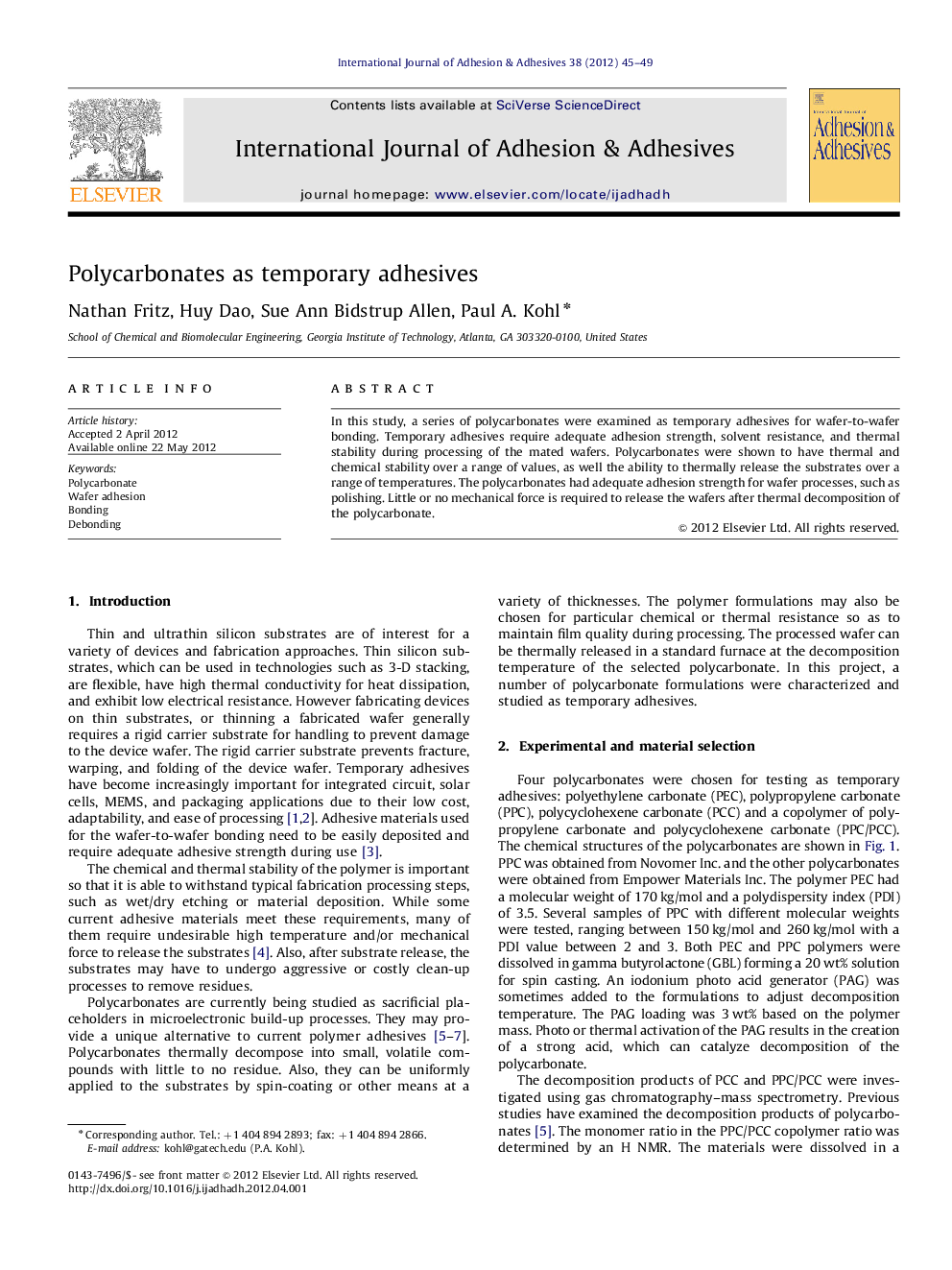 Polycarbonates as temporary adhesives