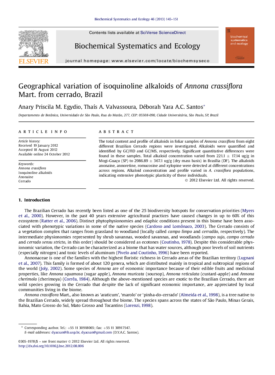Geographical variation of isoquinoline alkaloids of Annona crassiflora Mart. from cerrado, Brazil