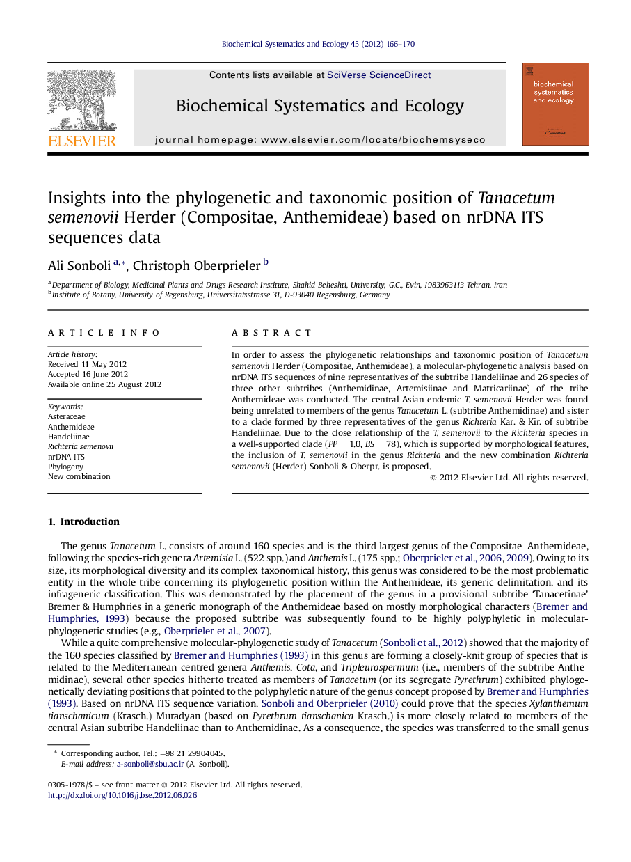 Insights into the phylogenetic and taxonomic position of Tanacetum semenovii Herder (Compositae, Anthemideae) based on nrDNA ITS sequences data