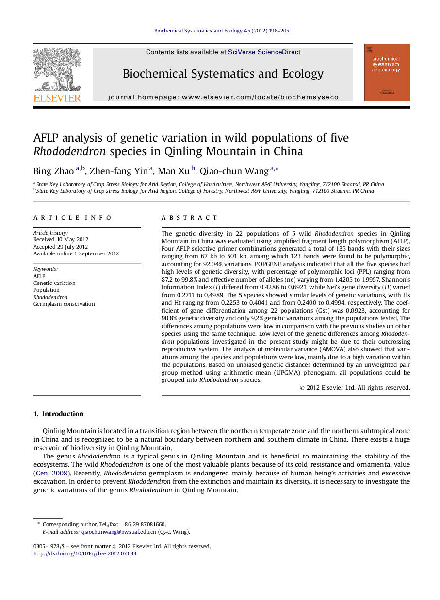 AFLP analysis of genetic variation in wild populations of five Rhododendron species in Qinling Mountain in China