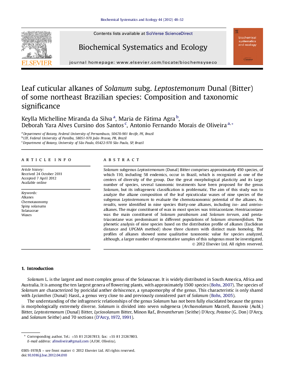 Leaf cuticular alkanes of Solanum subg. Leptostemonum Dunal (Bitter) of some northeast Brazilian species: Composition and taxonomic significance