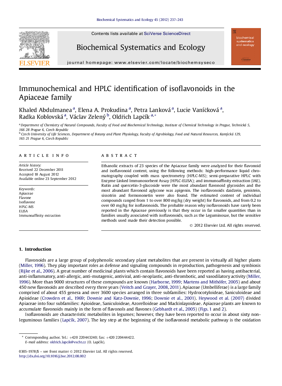 Immunochemical and HPLC identification of isoflavonoids in the Apiaceae family