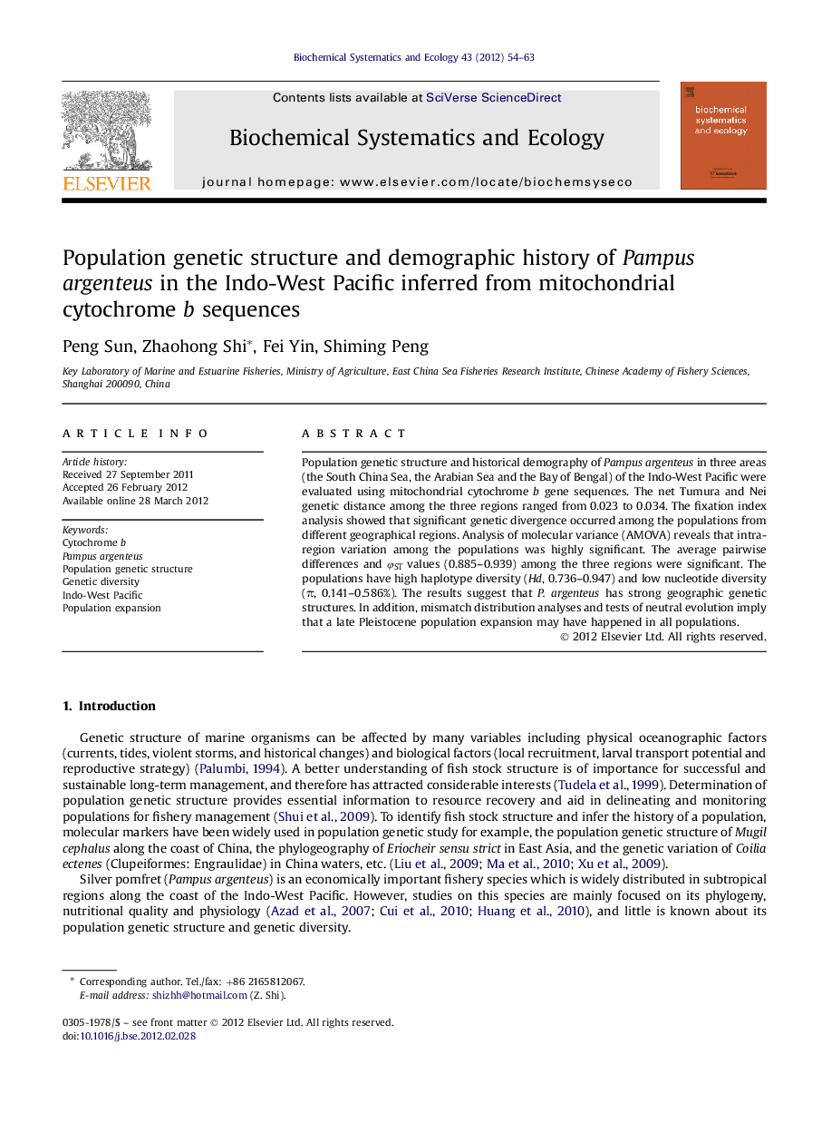 Population genetic structure and demographic history of Pampus argenteus in the Indo-West Pacific inferred from mitochondrial cytochrome b sequences