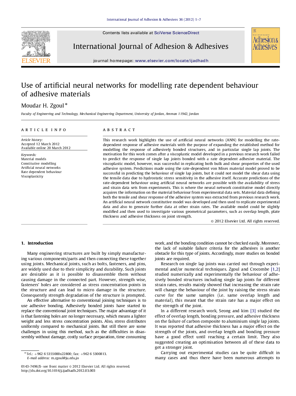 Use of artificial neural networks for modelling rate dependent behaviour of adhesive materials