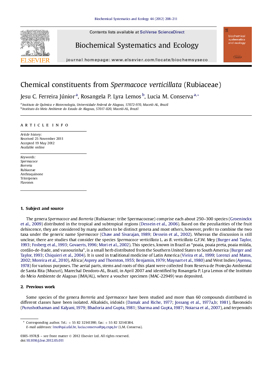 Chemical constituents from Spermacoce verticillata (Rubiaceae)