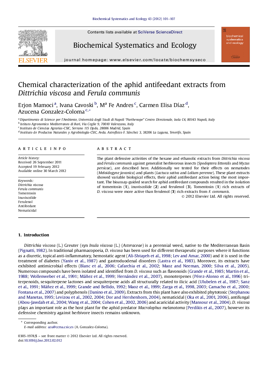 Chemical characterization of the aphid antifeedant extracts from Dittrichia viscosa and Ferula communis