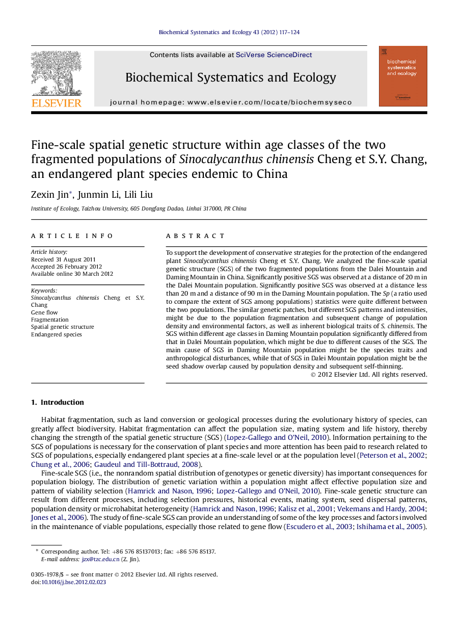 Fine-scale spatial genetic structure within age classes of the two fragmented populations of Sinocalycanthus chinensis Cheng et S.Y. Chang, an endangered plant species endemic to China