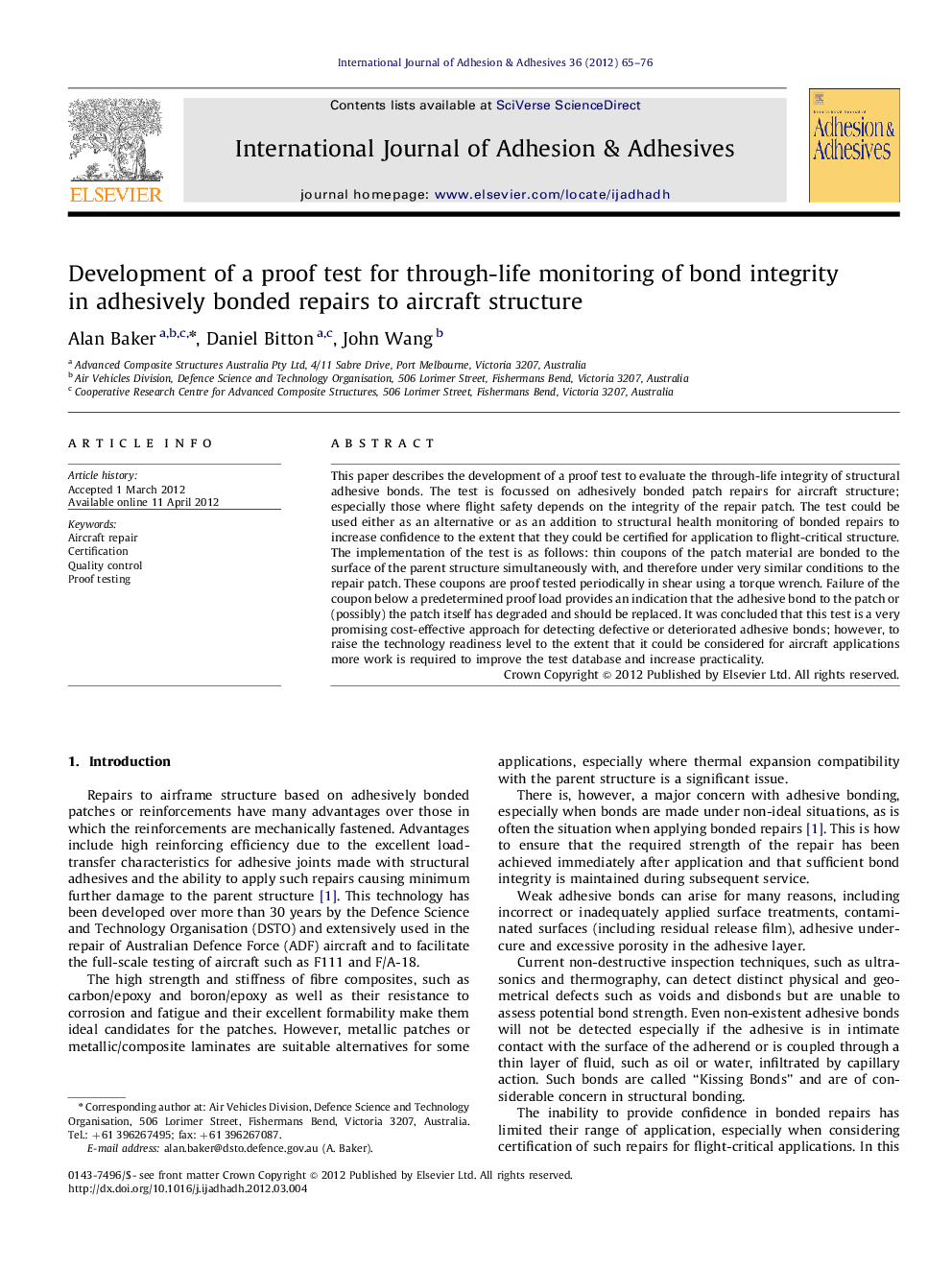 Development of a proof test for through-life monitoring of bond integrity in adhesively bonded repairs to aircraft structure