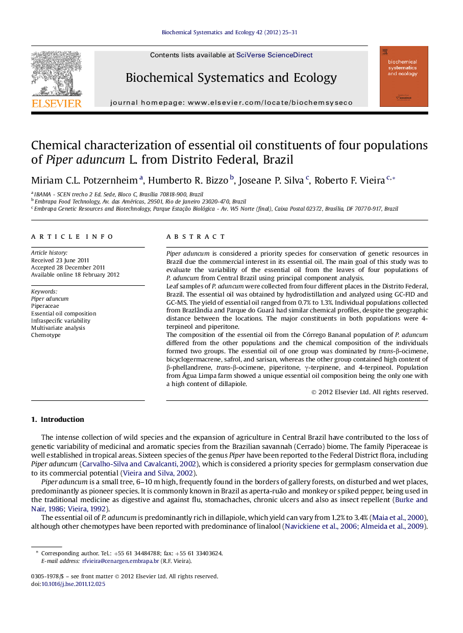 Chemical characterization of essential oil constituents of four populations of Piper aduncum L. from Distrito Federal, Brazil