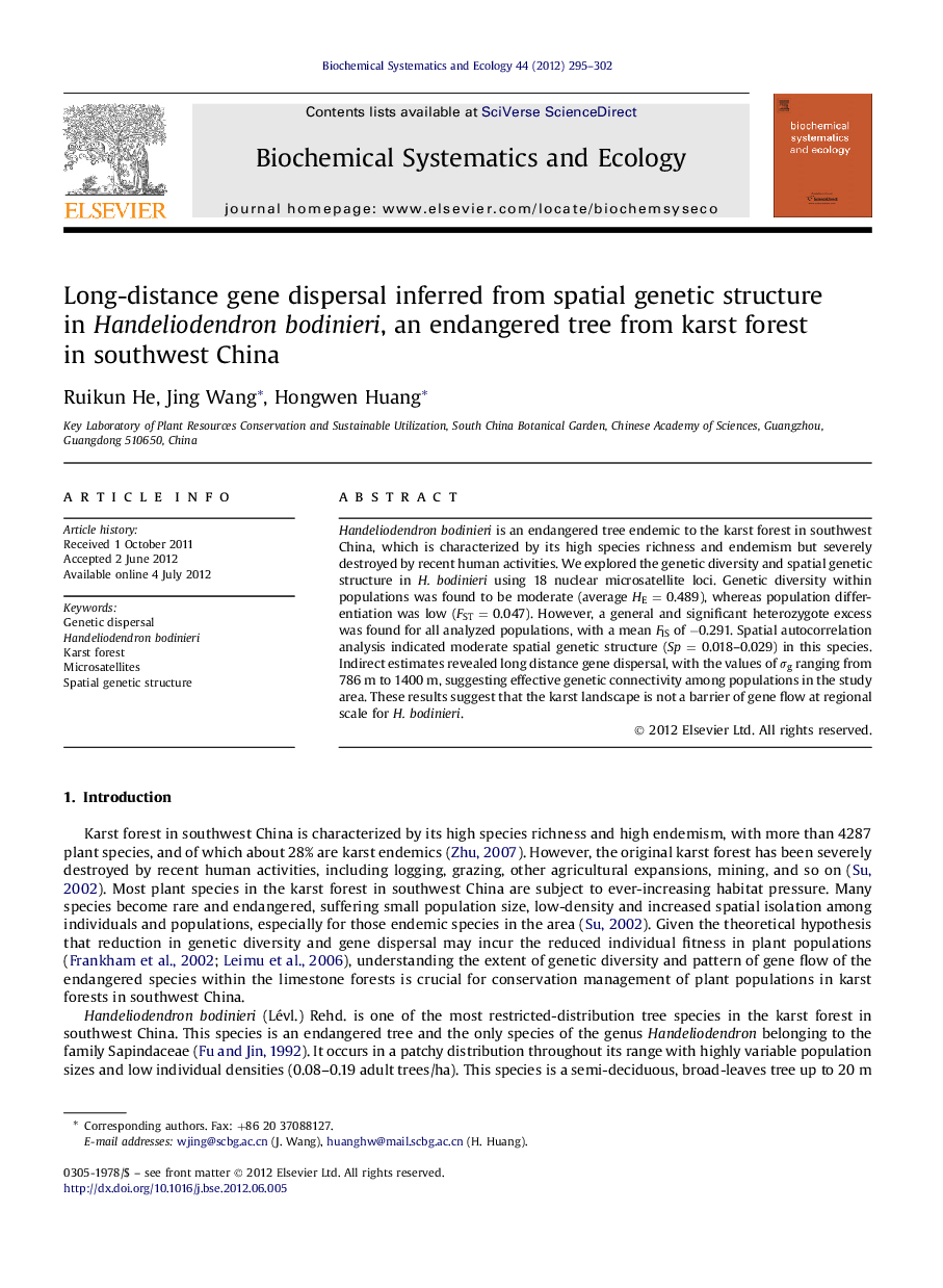 Long-distance gene dispersal inferred from spatial genetic structure in Handeliodendron bodinieri, an endangered tree from karst forest in southwest China