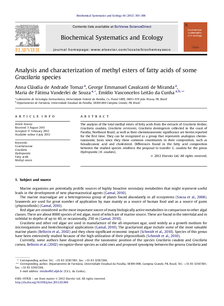 Analysis and characterization of methyl esters of fatty acids of some Gracilaria species