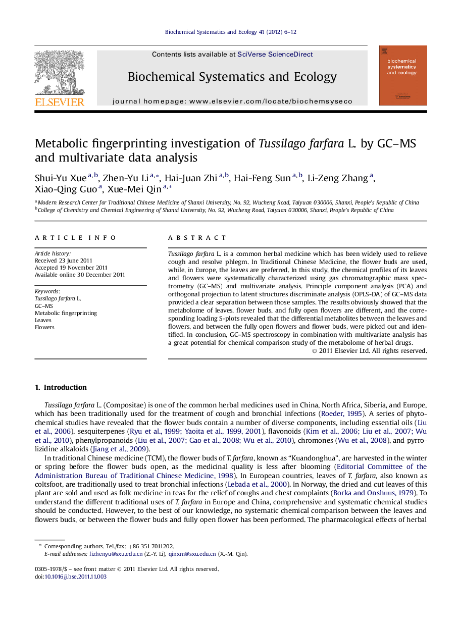 Metabolic fingerprinting investigation of Tussilago farfara L. by GC-MS and multivariate data analysis