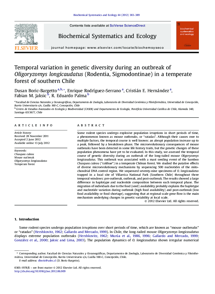 Temporal variation in genetic diversity during an outbreak of Oligoryzomys longicaudatus (Rodentia, Sigmodontinae) in a temperate forest of southern Chile