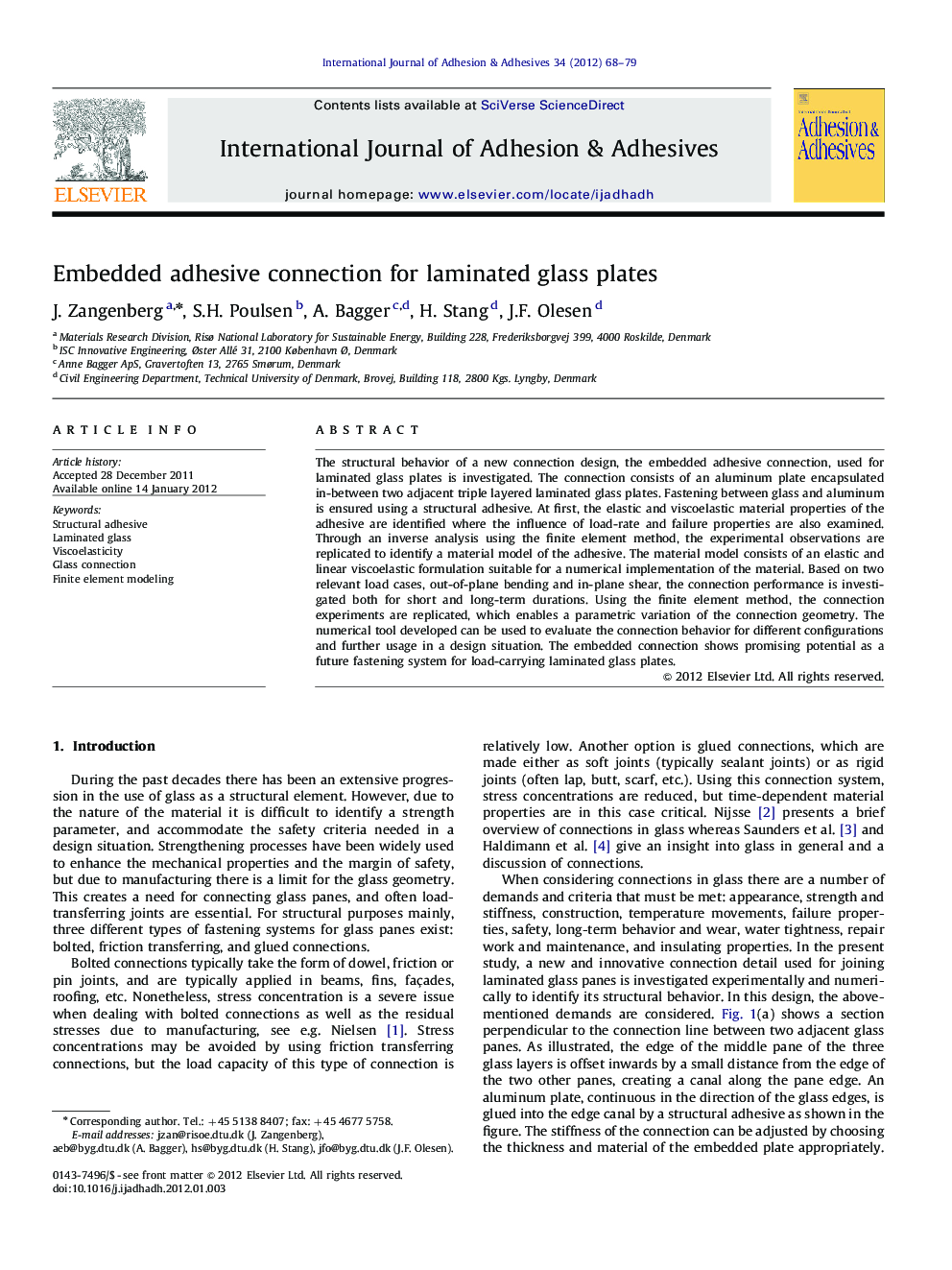 Embedded adhesive connection for laminated glass plates