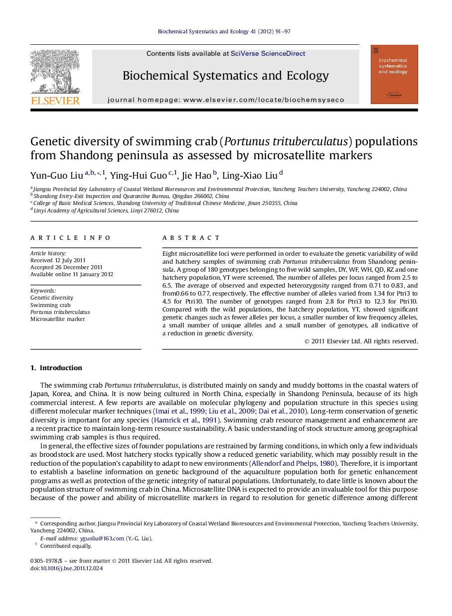 Genetic diversity of swimming crab (Portunus trituberculatus) populations from Shandong peninsula as assessed by microsatellite markers