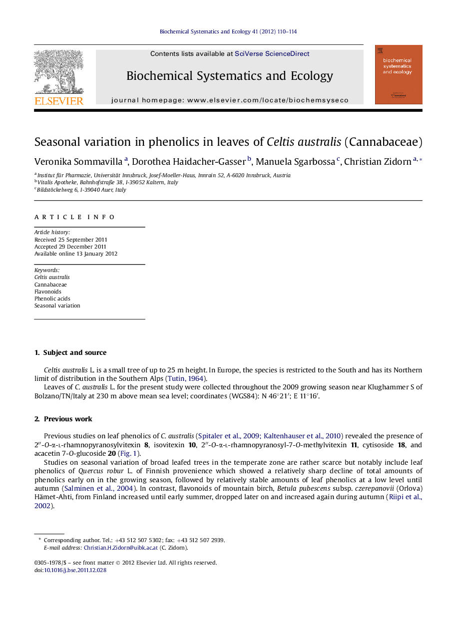 Seasonal variation in phenolics in leaves of Celtis australis (Cannabaceae)