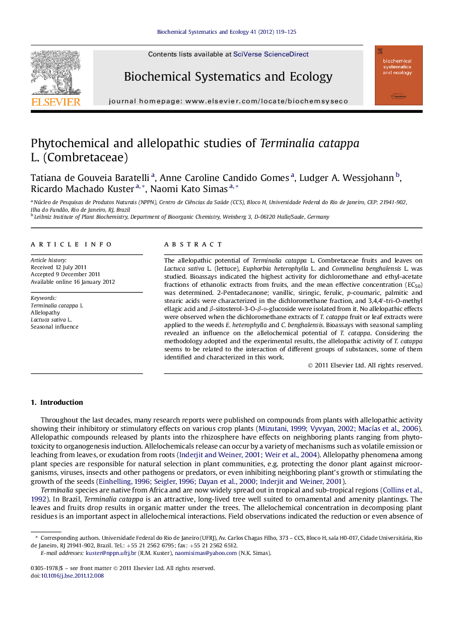 Phytochemical and allelopathic studies of Terminalia catappa L.Â (Combretaceae)