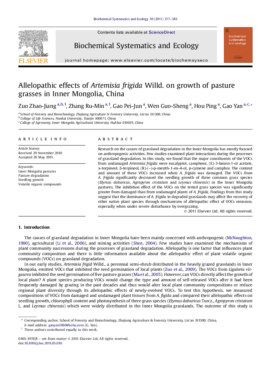 Allelopathic effects of Artemisia frigida Willd. on growth of pasture grasses in Inner Mongolia, China